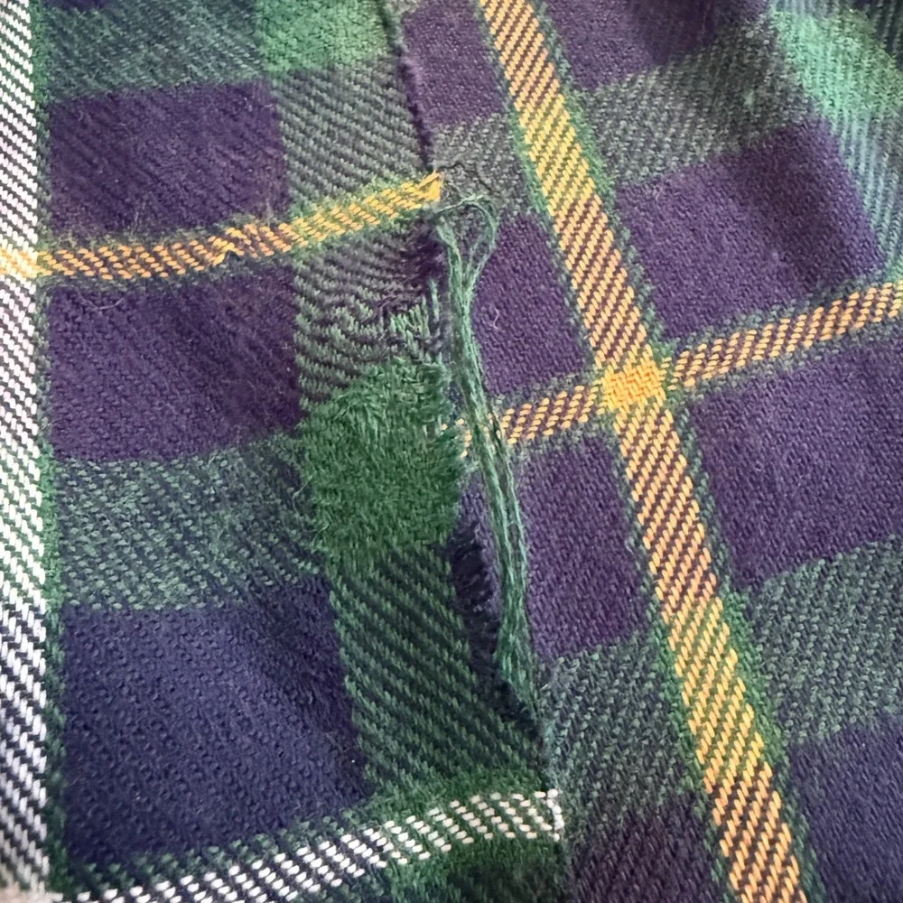 100% Cashmere Plaid Scarf Green Blue Yellow Fringe 12x66